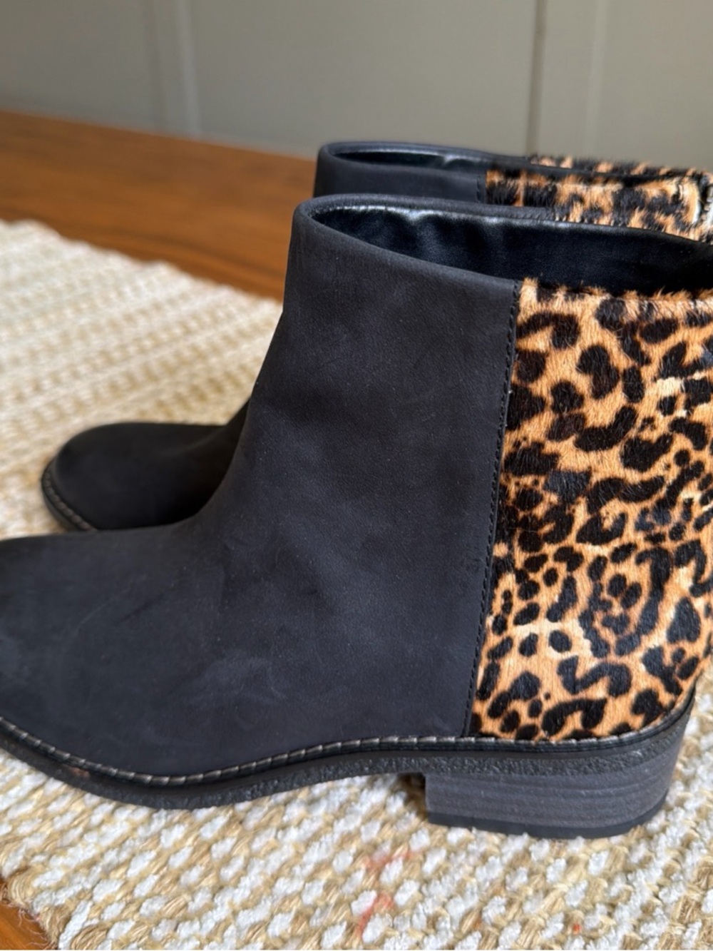Sperry Black Ankle Boots with Leopard Panel